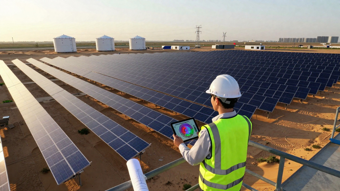 Ingenieur mit Helm prüft Daten auf Tablet vor großen Solarpanelreihen in sonniger Wüstenanlage