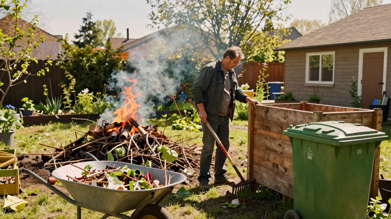 Mann beseitigt Gartenabfälle neben brennendem Laubhaufen an sonnigem Tag im Garten.