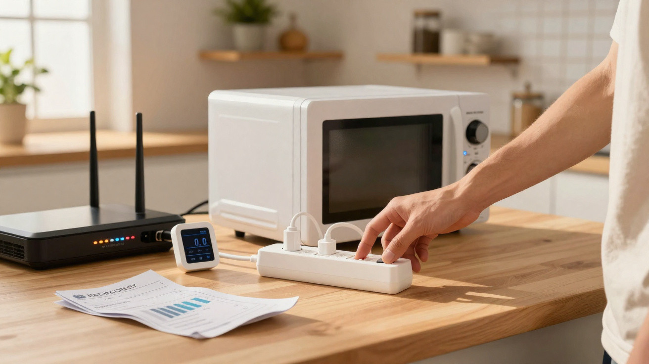 Hand schaltet Steckdosenleiste neben Mikrowelle, Router und Energiekostenmessgerät in moderner Küche ein.