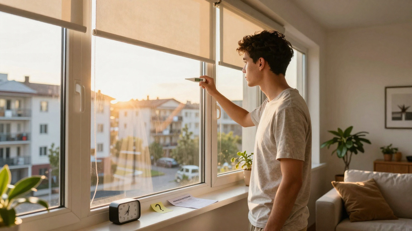 Junger Mann misst mit Thermometer die Außentemperatur an einem Fenster bei Sonnenuntergang.