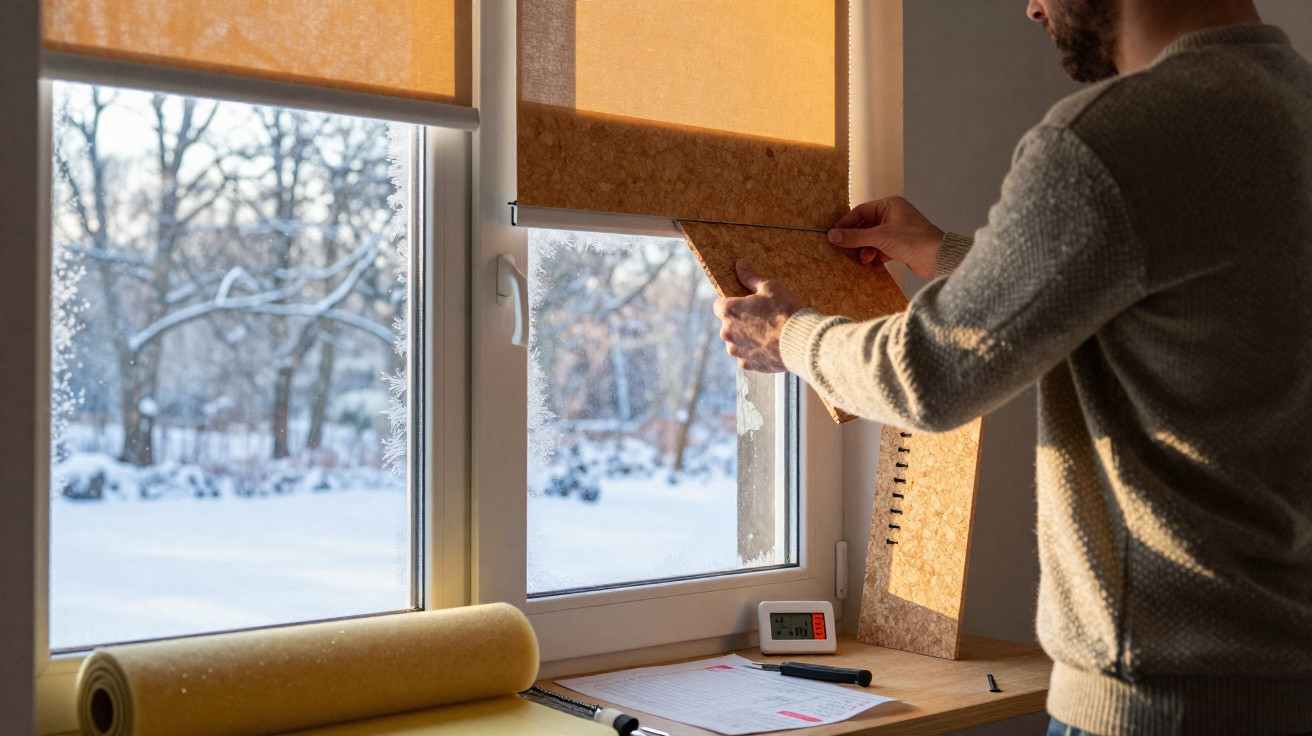 Mann bringt selbstklebende Dämmplatten an einem Fenster bei Schneelandschaft draußen an.