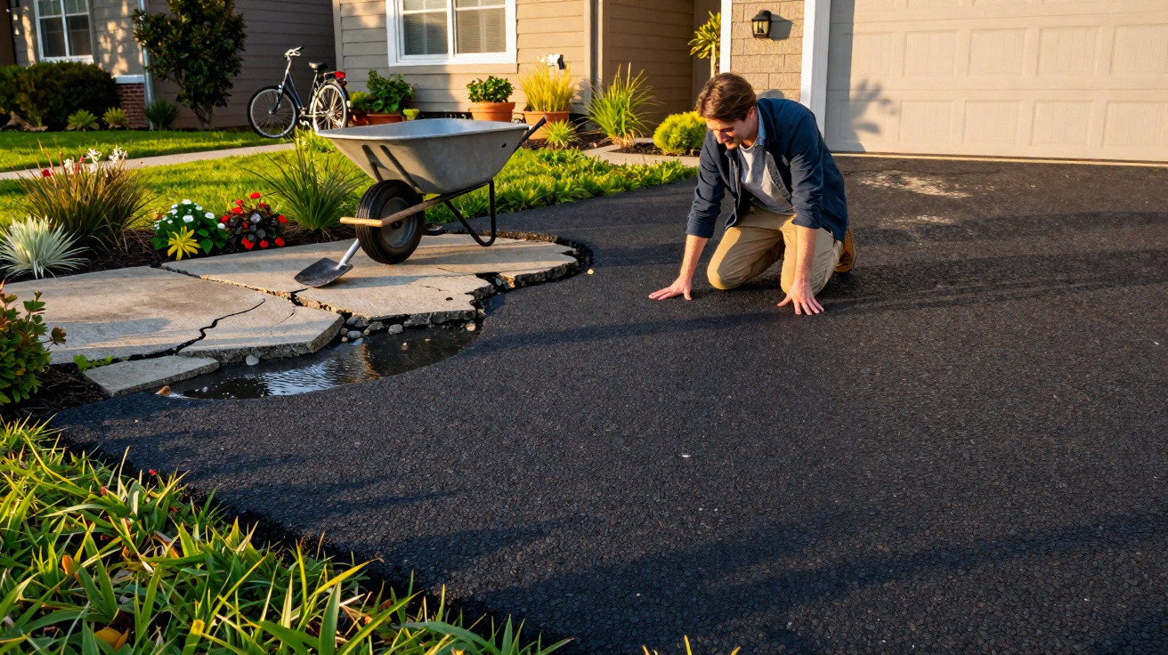 Mann kniet vor aufgerissenem Asphalt mit eingeschränktem Zugang zur Auffahrt vor einem Haus.