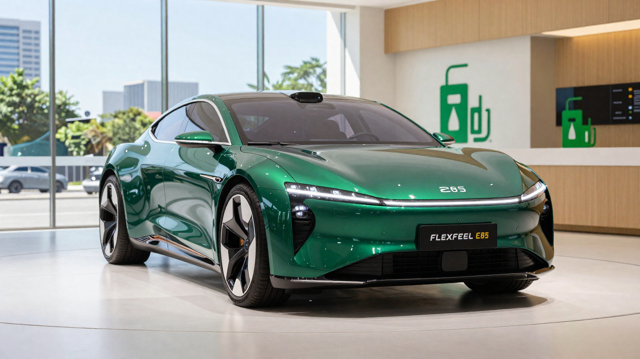 Grünes Elektroauto BYD E6S im Showroom mit moderner Architektur und großen Fenstern im Hintergrund.