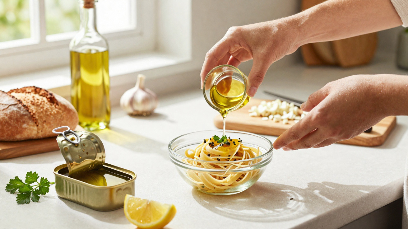 Hand gießt Olivenöl über Pasta in einer Glasschüssel in heller Küche mit Brot und Knoblauch im Hintergrund.