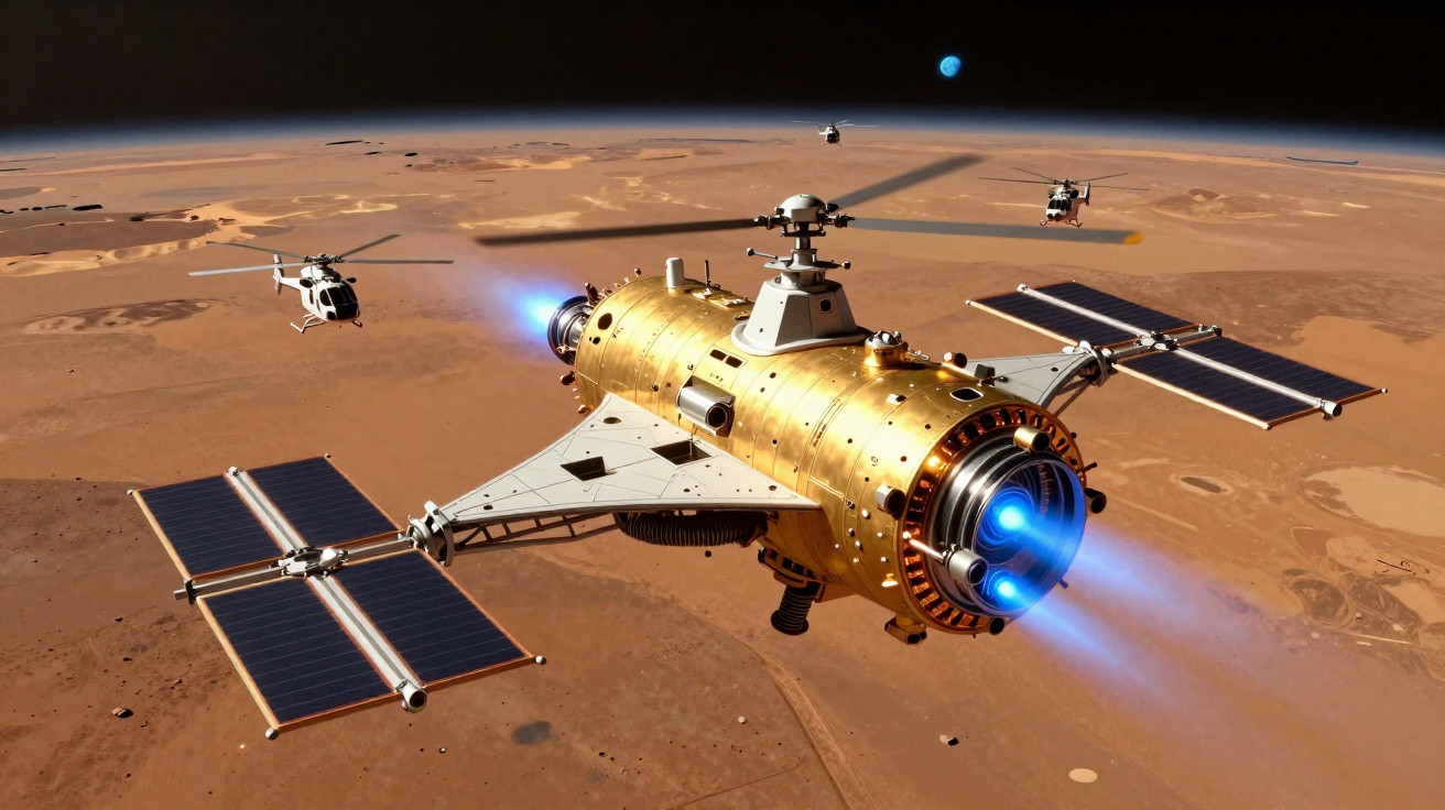 Raumschiff mit Solarpanelen fliegt über marsähnliche Wüstenlandschaft, begleitet von Hubschraubern.