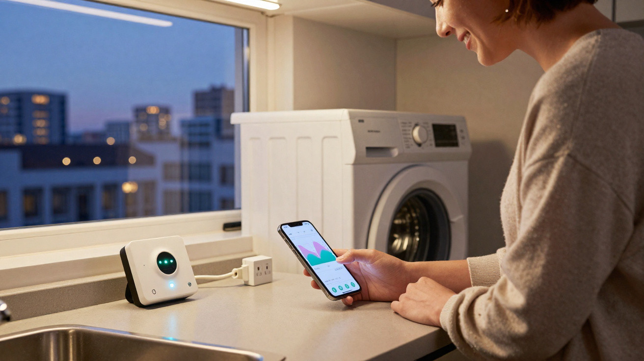 Frau bedient smartes Messgerät zur Energieüberwachung mit Smartphone in moderner Küche am Abend.