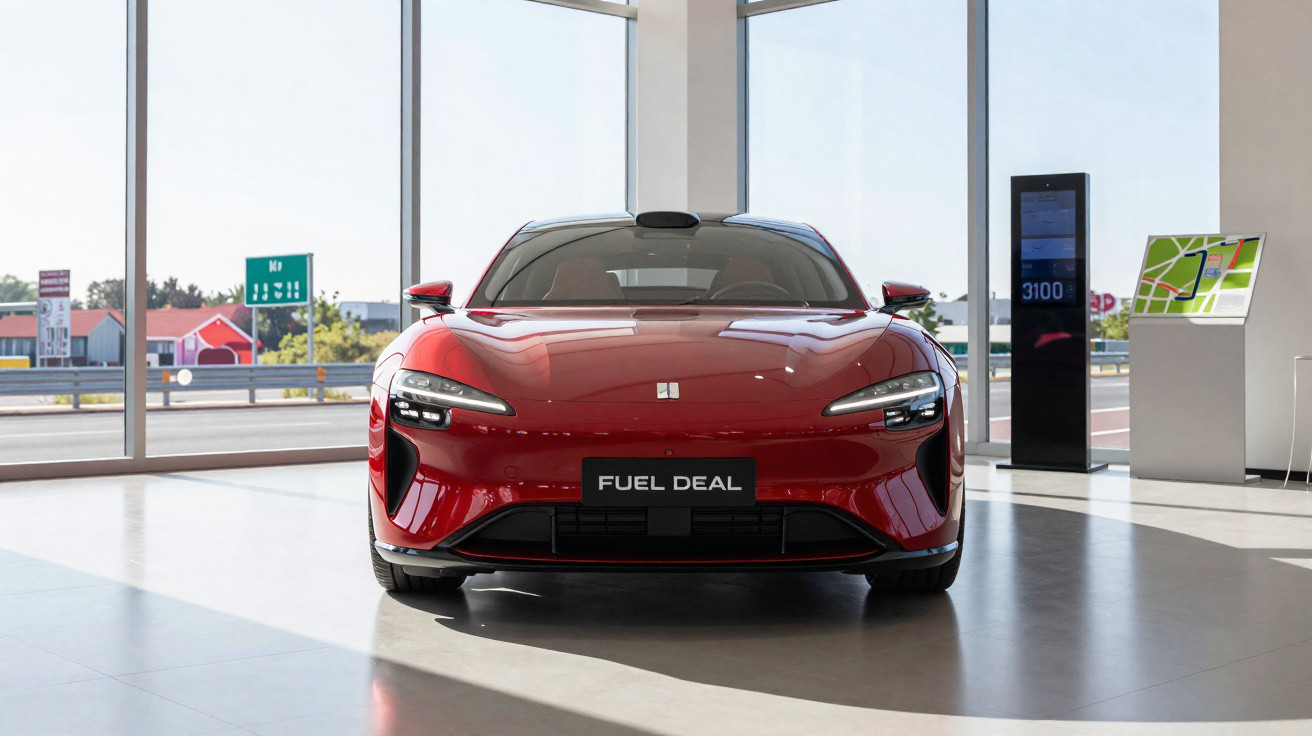 Roter, futuristischer Sportwagen mit "FUEL DEAL"-Kennzeichen in hellem Showroom vor großen Fenstern.