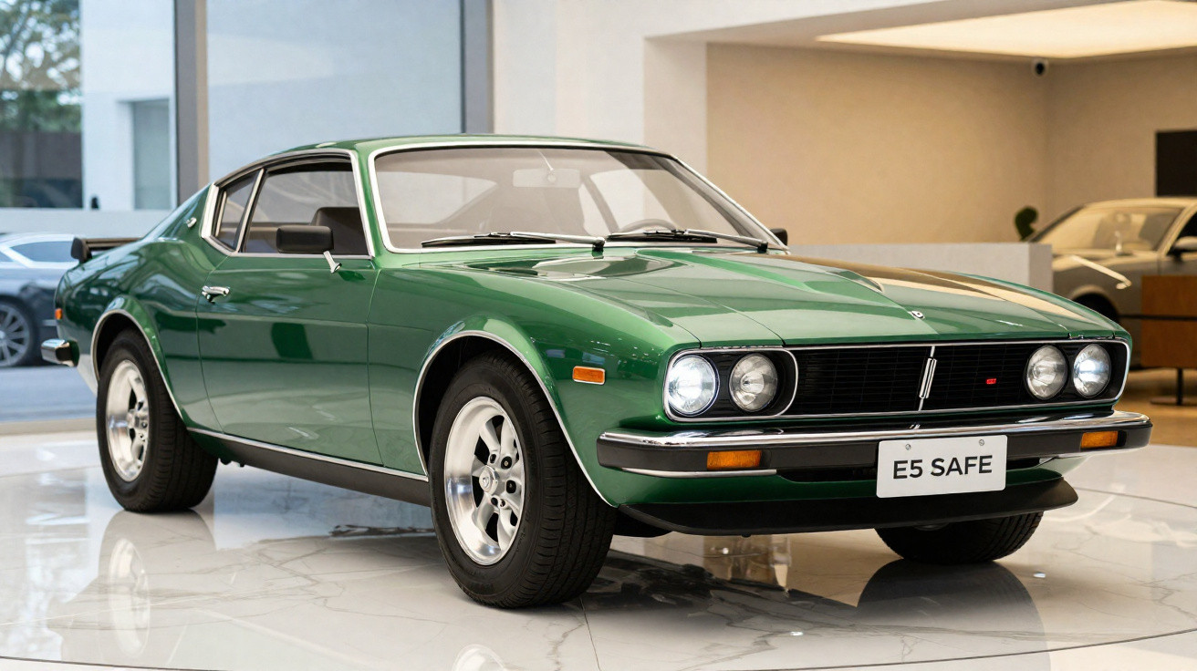 Grünes klassisches Sportcoupé mit breiten Reifen und Chromfelgen in modernem Showroom auf glänzendem Marmorfußboden.