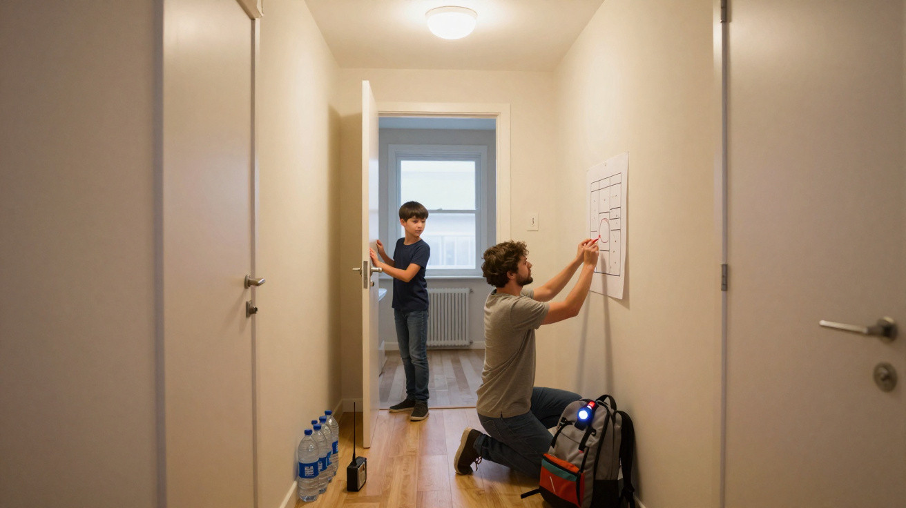 Mann zeichnet an Wandplan, Junge öffnet Tür, Flur mit Wasserkästen und Licht an der Decke.