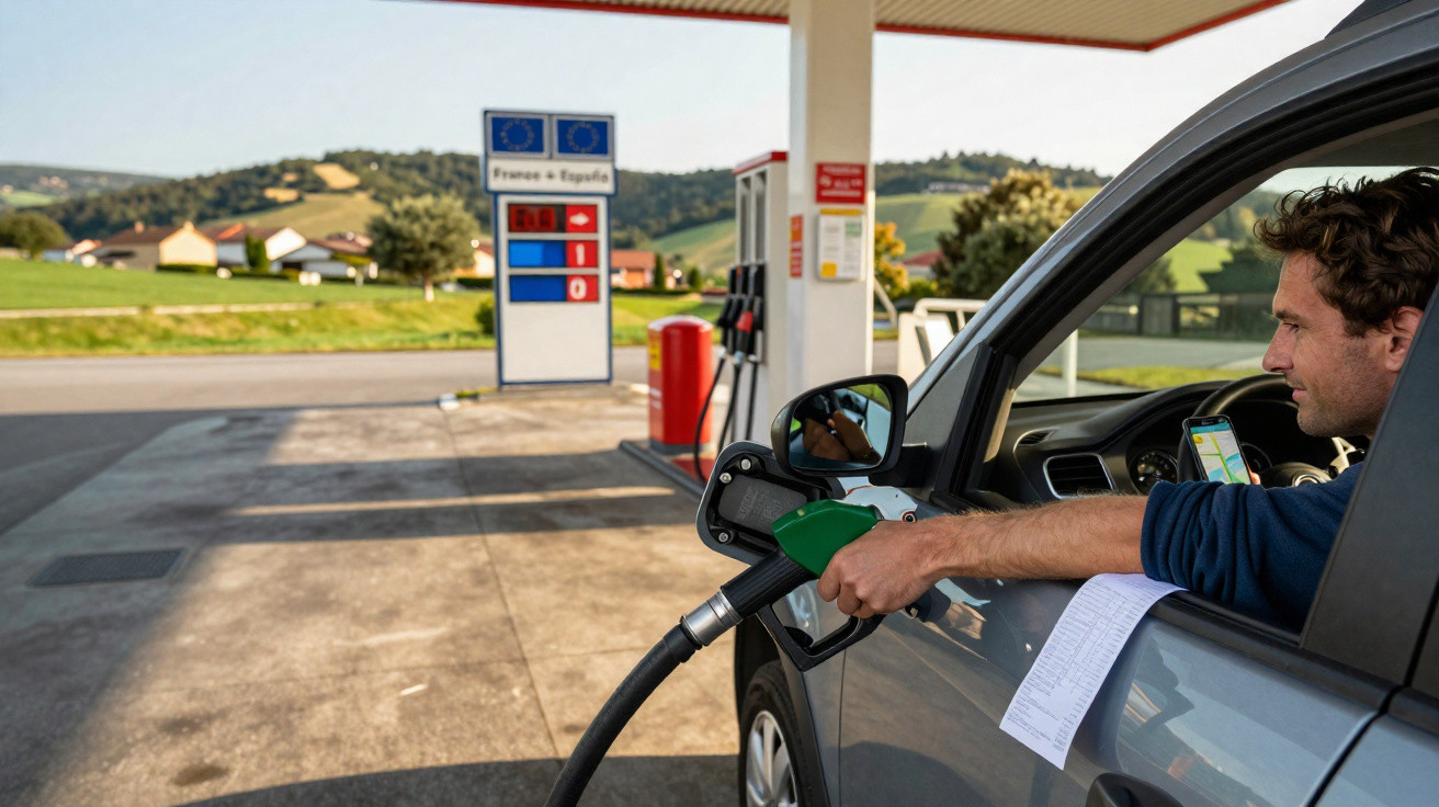 Mann tankt Auto an Zapfsäule an sonniger Tankstelle mit ländlicher Landschaft im Hintergrund.