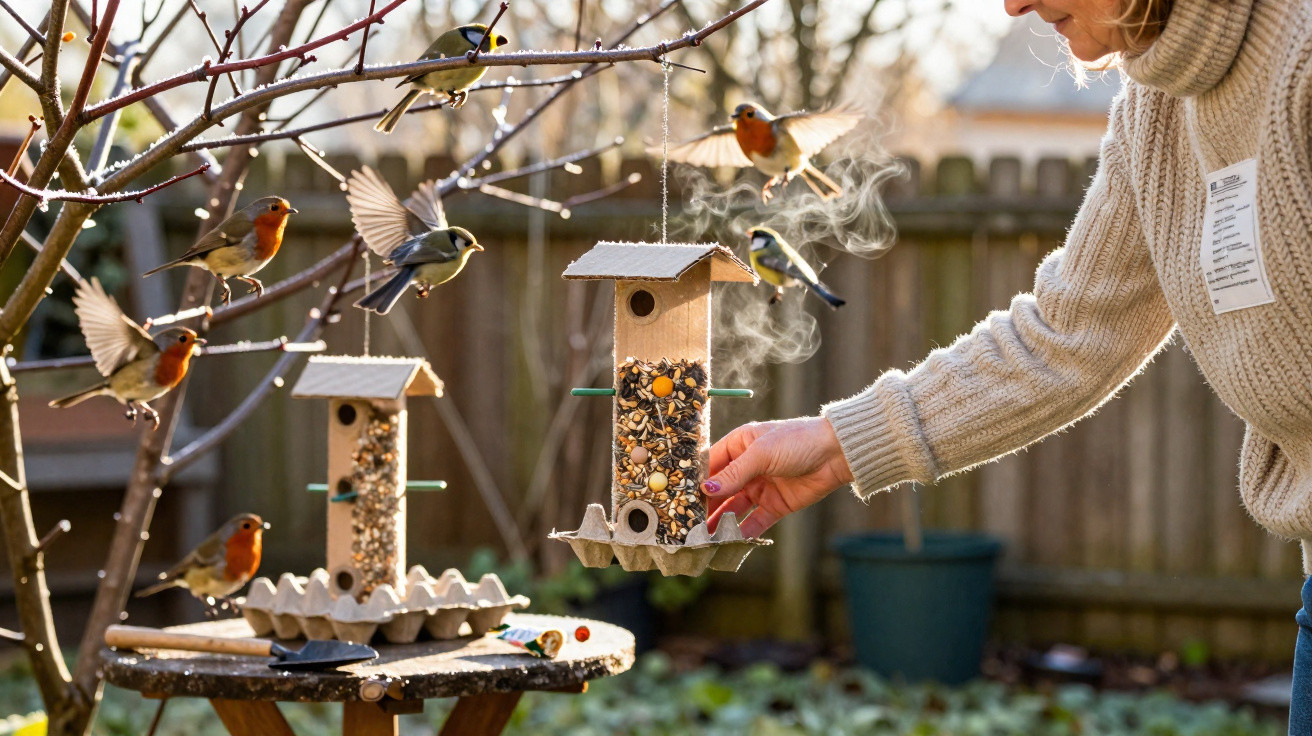 Frau füttert Vögel an zwei Futtersäulen im Garten an einem kalten Wintermorgen.